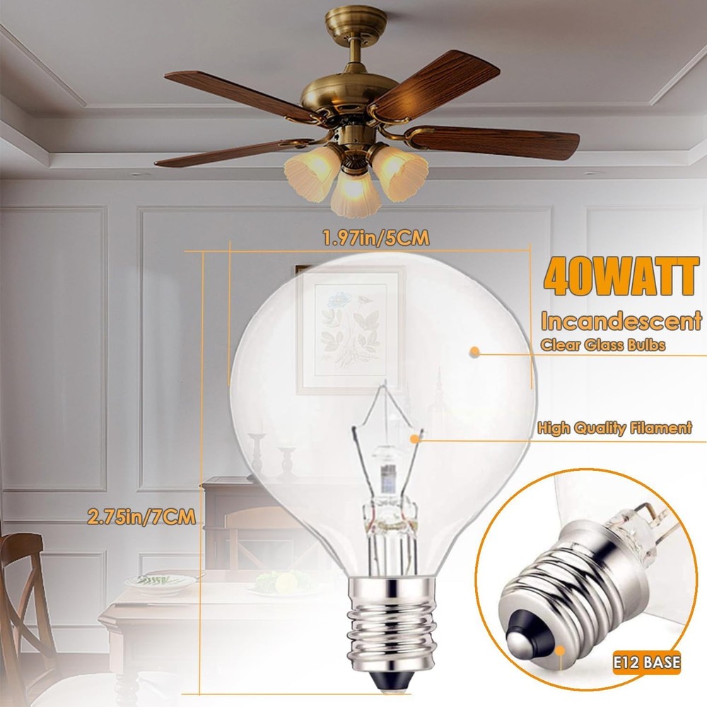 40 Watt Light Bulbs E12 Candelabra Base 120Volt Round Light Bulb