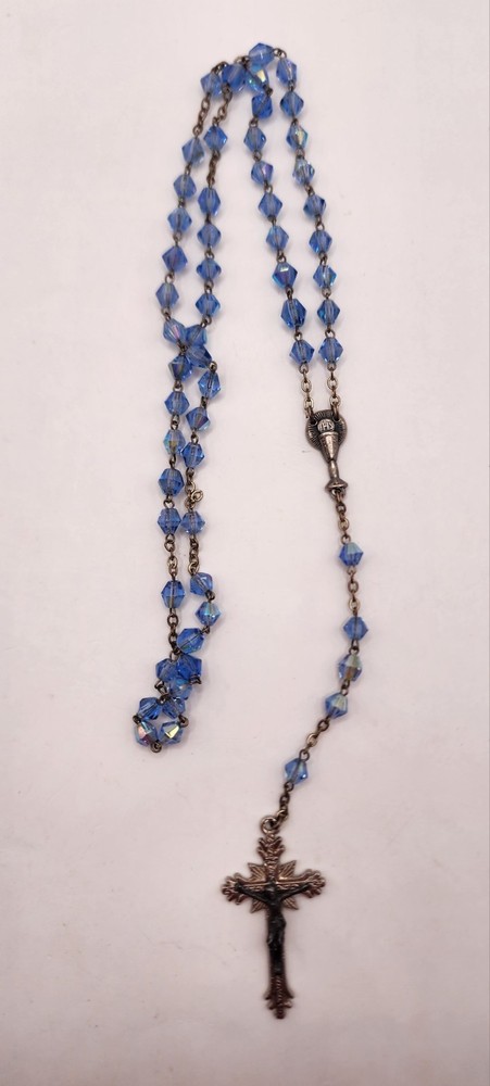 Vintage Catholic Rosary Blue Crystal Beaded Rosary