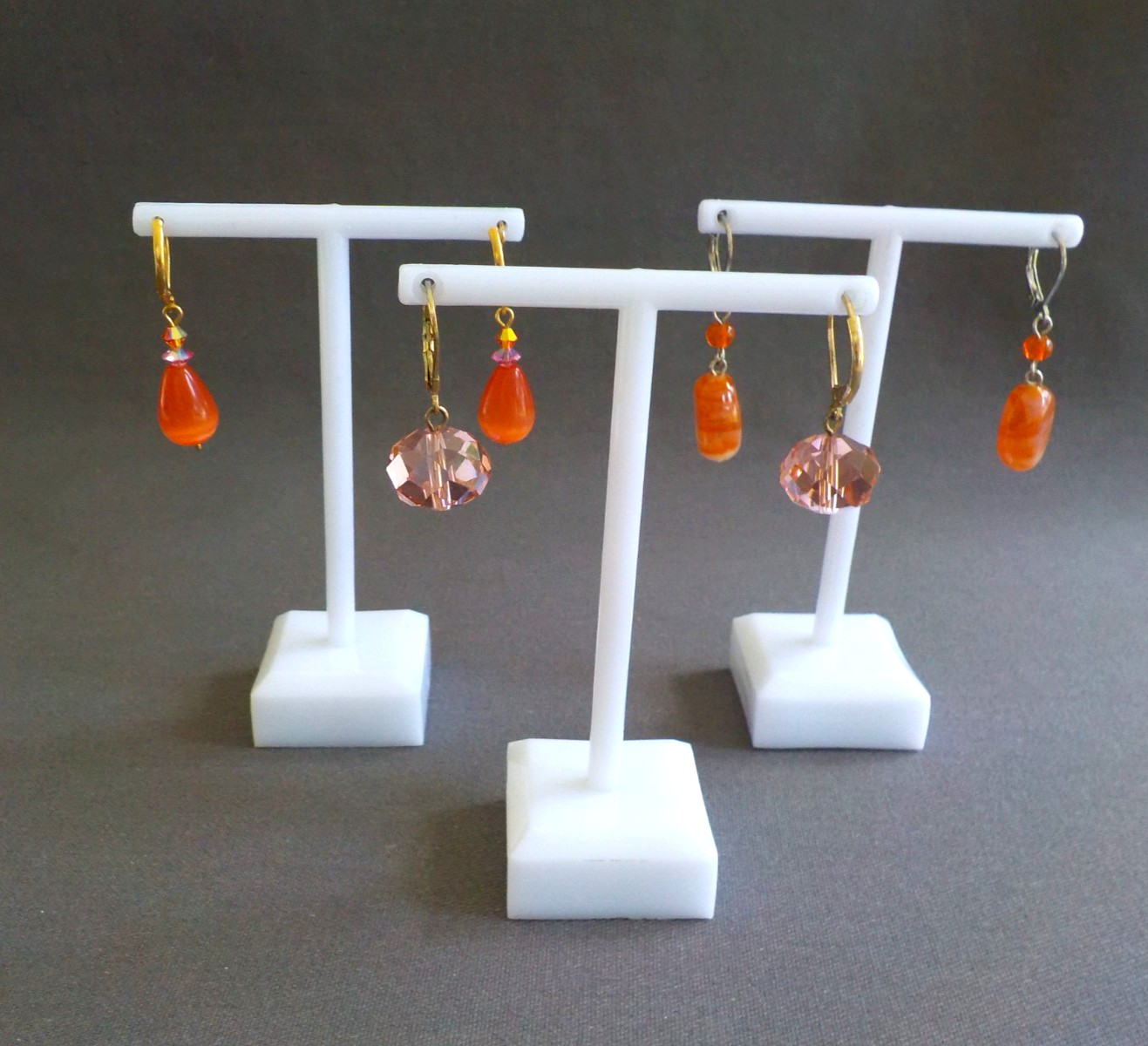 Earrings Pierced 3 Pair Dangle Drop Glass Stone Metal Orange Pink Lever Back