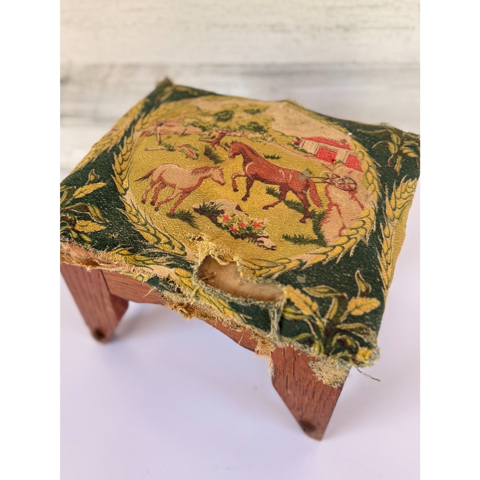 Antique Loose Leaf Footstool with Equestrian Tapestry
