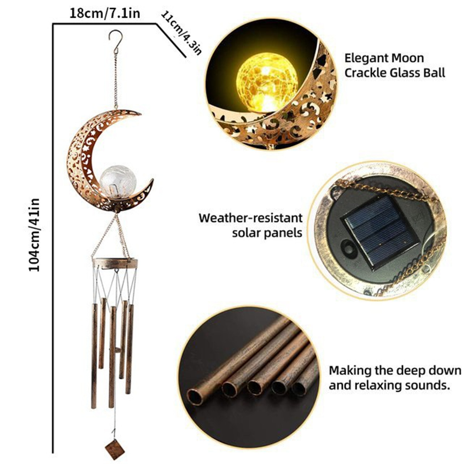 Solar LED Light Lamp Moon Wind Chimes Outdoor Home Solar Crackle Glass Ball Lamp