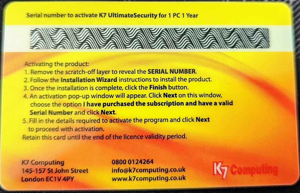 K7 Ultimate Security 1PC 1Year licence. Complete Serial code scratch card