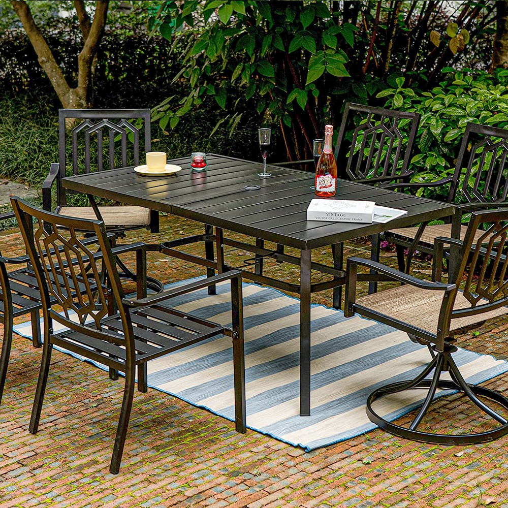59inch Outdoor Dining Table Metal Rectangular Patio Dining Table w/Umbrella Hole