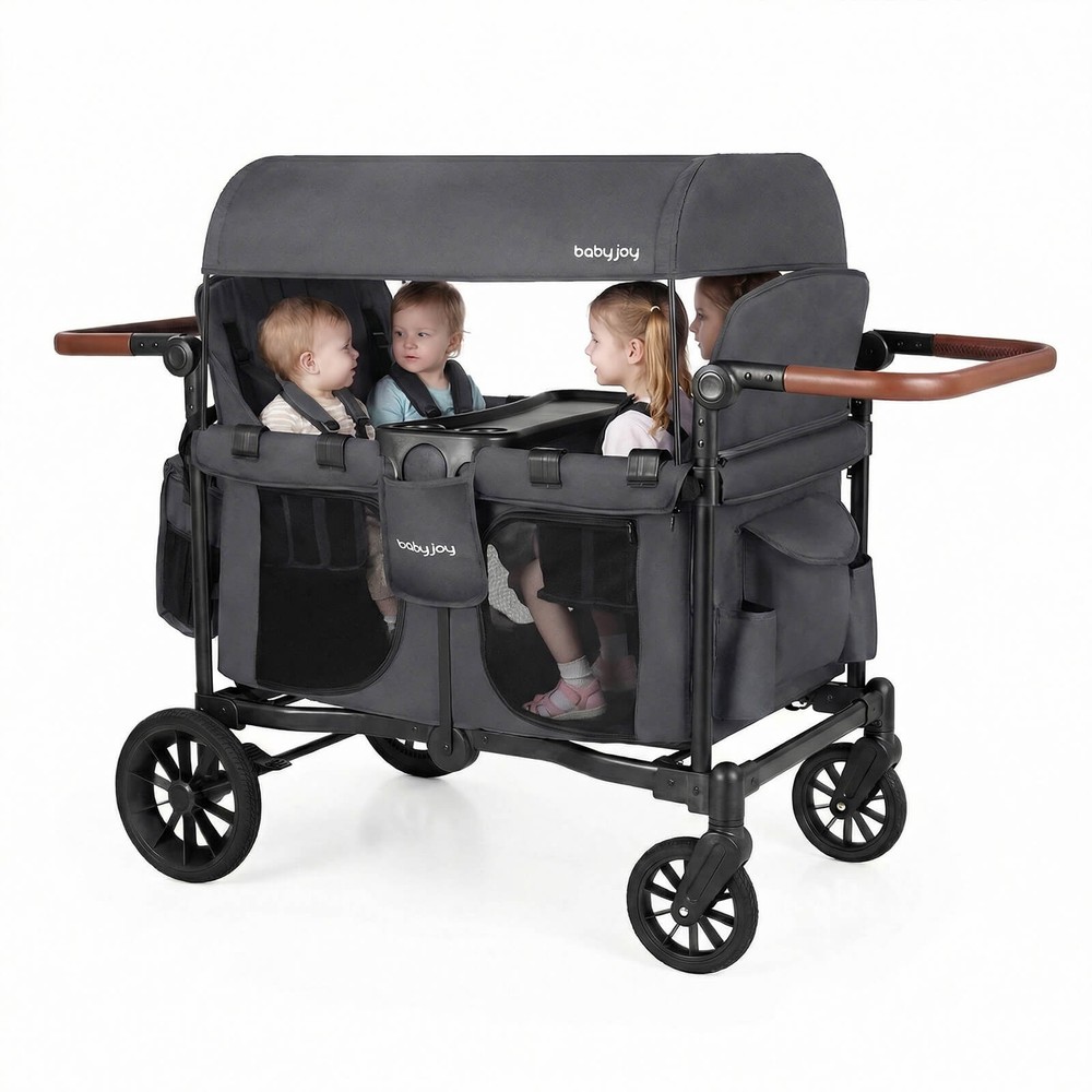 Wagon Stroller, Foldable 4-Seater Push-Pull Toddler Stroller w/Removable Canopy