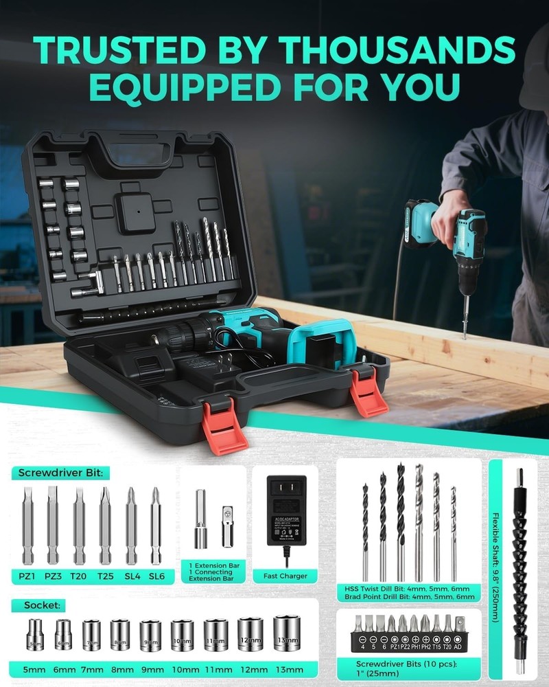 Powerful 20V Cordless Drill with Keyless Chuck & LED Light for Precision Work