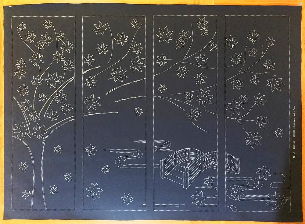 Sashiko Pre-Printed Panel-HM-26-Maple Tree & Bridge Large 4 Part Panel Navy