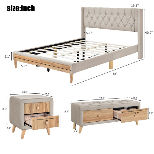 Full Queen Size Bedroom Sets Upholstered Platform Bed Frames Nightstands Bench
