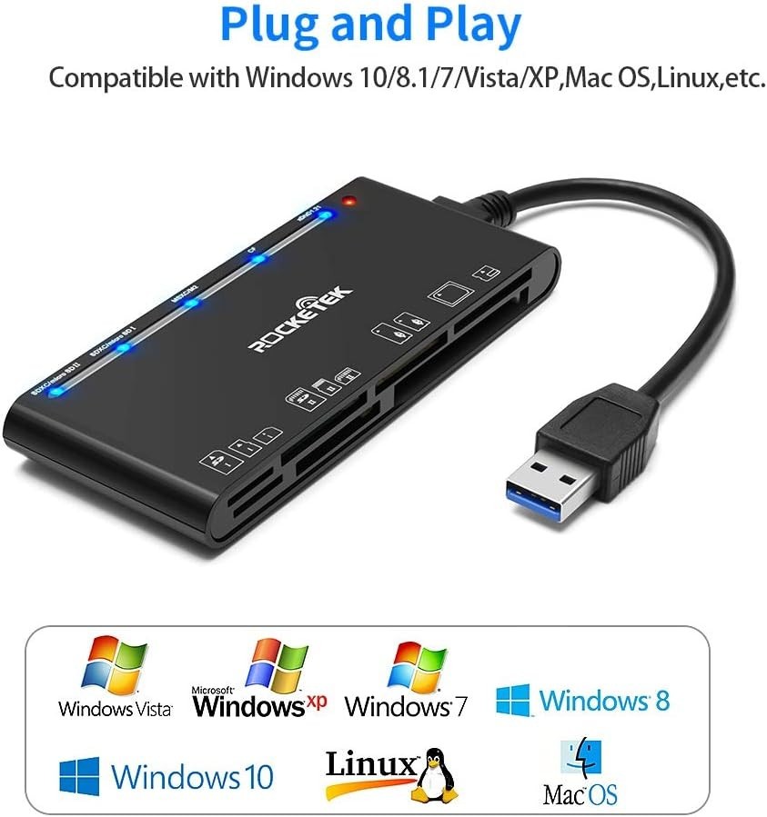 USB 3.0 Memory Card Reader, 7 in 1 Adapter Hub, for SD, CF, TF, Micro SD, XD, MS