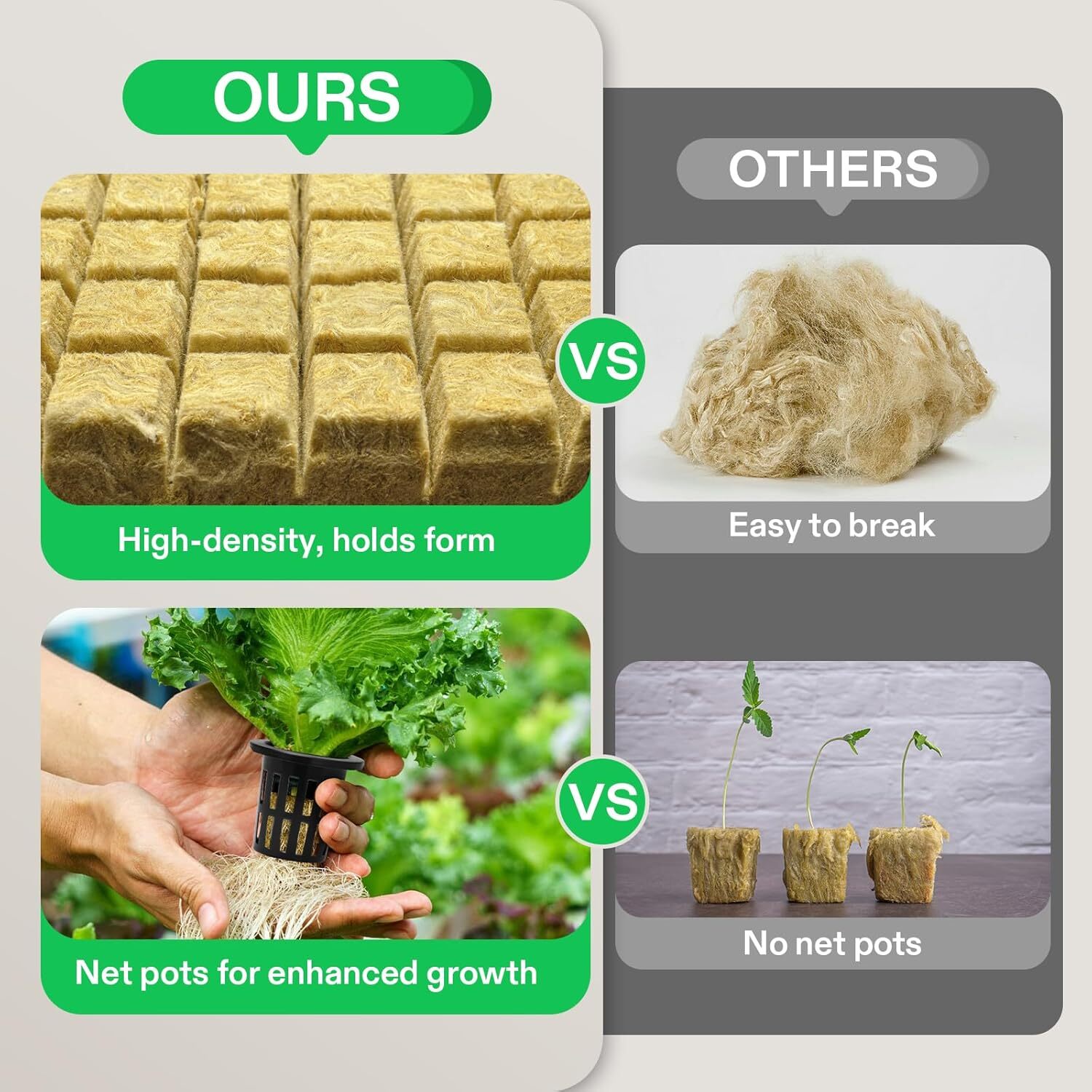 VIVOSUN 1" 72 Plugs Hydroponics Rockwool Cubes 72 Pack 2" Net Pots Grow Starter