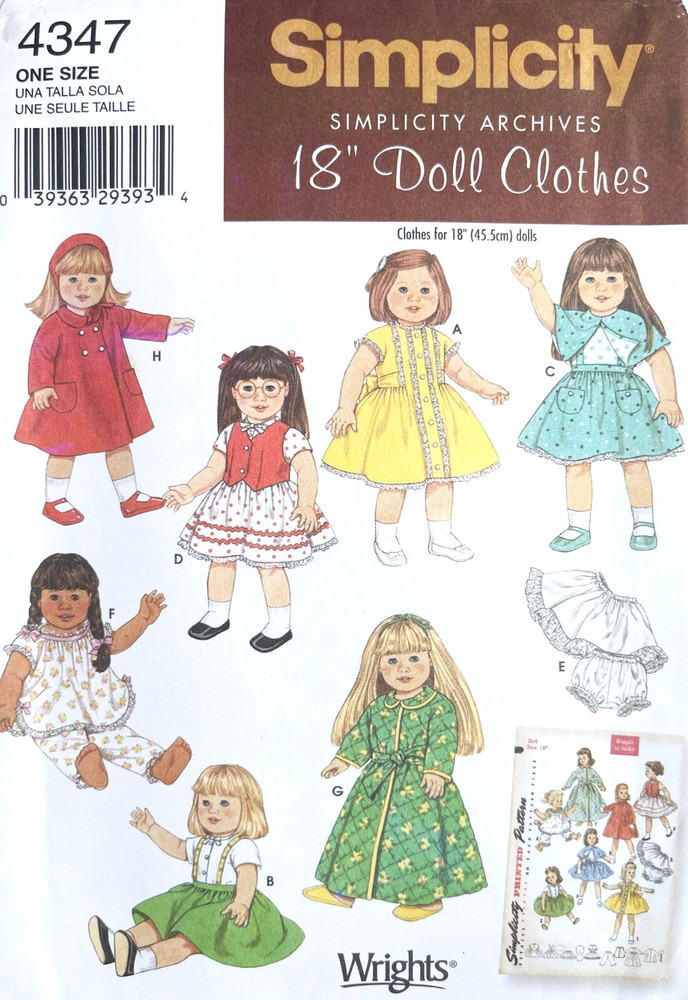 Simplicity  Doll Clothes Pattern 4347 Size 18" UNCUT