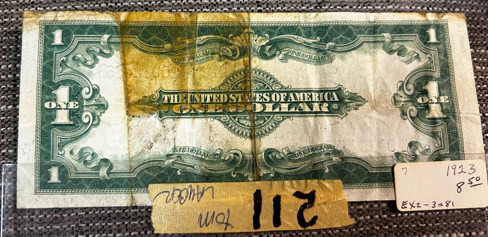 1923 ONE DOLLAR SILVER CERTIFICATE "STAINED" BACK