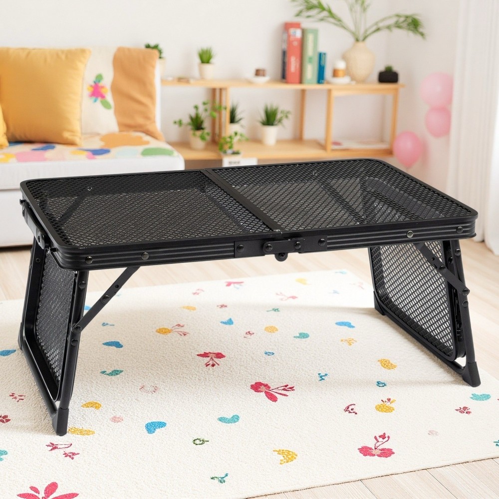 3ft Folding Camping Wire Mesh Table - Side Wings Adjustable Aluminum Frame Black
