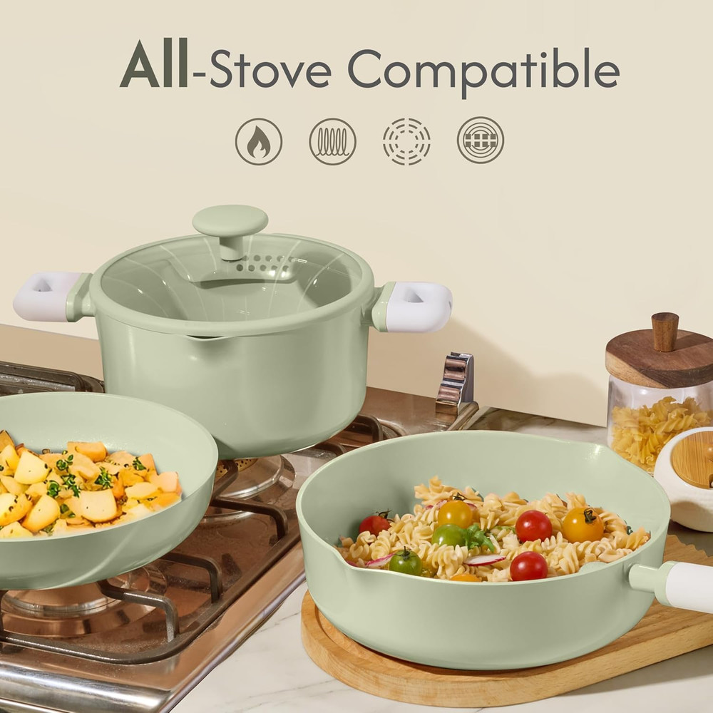 Nonstick Ceramic Cookware Set 9 Piece Green Induction Kitchen Set