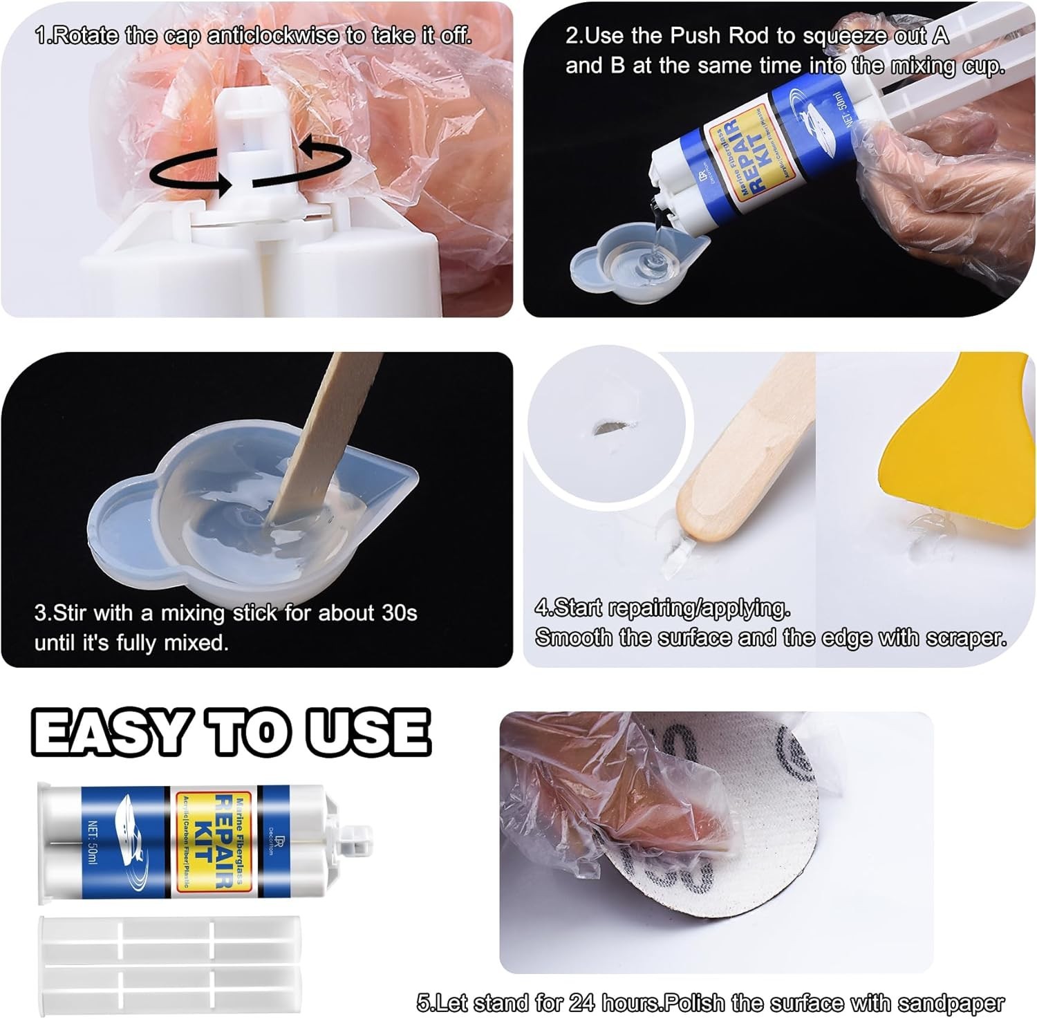 Marine Fiberglass Repair Kit, Gel Coat Repair Kit for Boats (White), Fiberglass