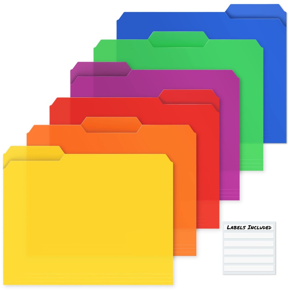 Dunwell Plastic Colored File Folders (12 Pack), 1/3 Tab 12 Pack, 6 Vibrant
