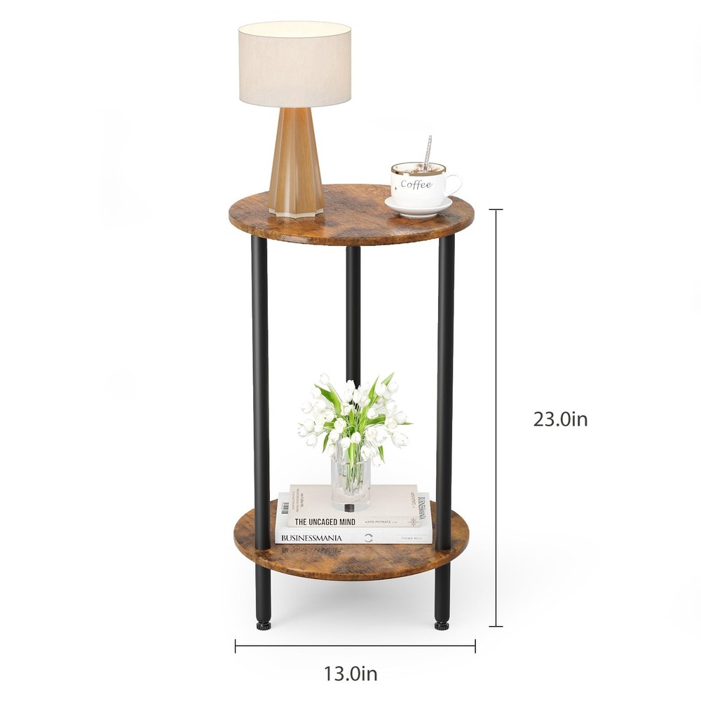 Small Round Side Table Brown Round End Table 2-Tier Modern Bedside Table