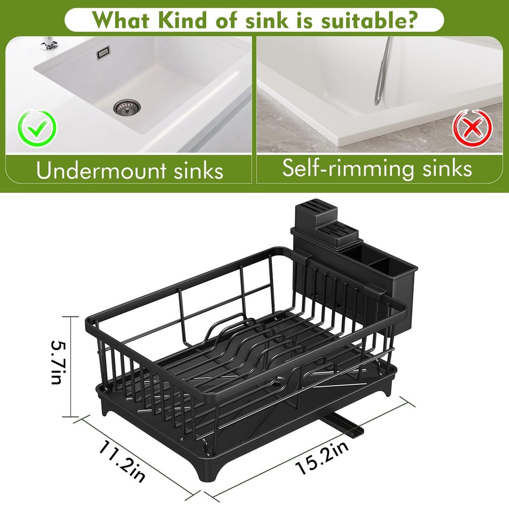 Compact Dish Drying Rack Countertop Rust Resistant Drainer with Utensil