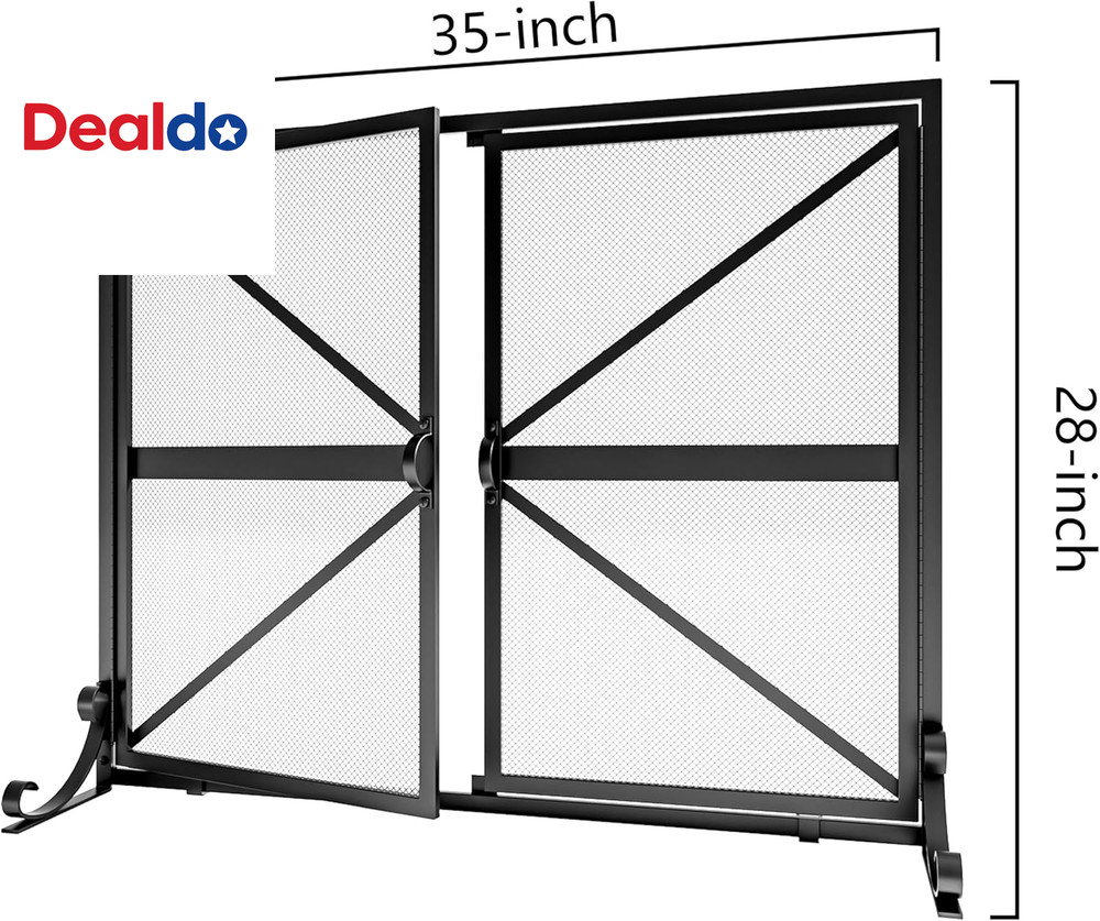 Fireplace Screen with Doors, 2-Pannel Handcrafted Solid Wrought Iron Decorative