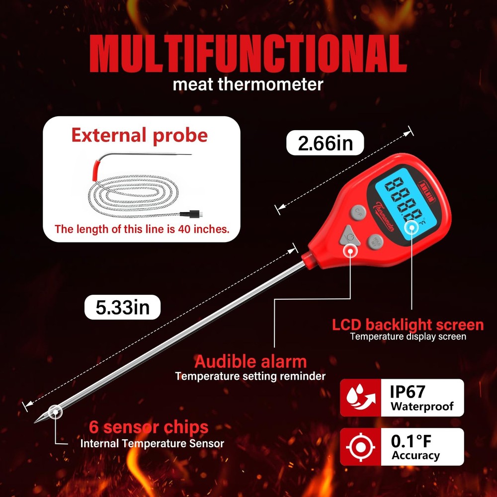 Digital Meat Thermometer set Rechargeable with External Probe Red