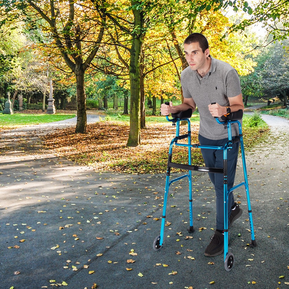 Folding Wheel Walking Frame Adjustable Aluminum Alloy Walker W/Armrest Support