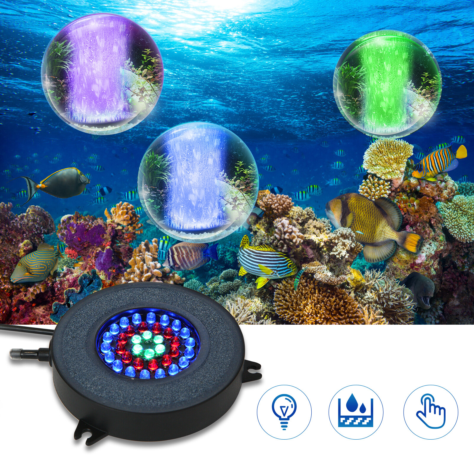 Air Stone Disk Aquarium Bubble LED Light 13 Color Changing Fish Tank Lights Lamp