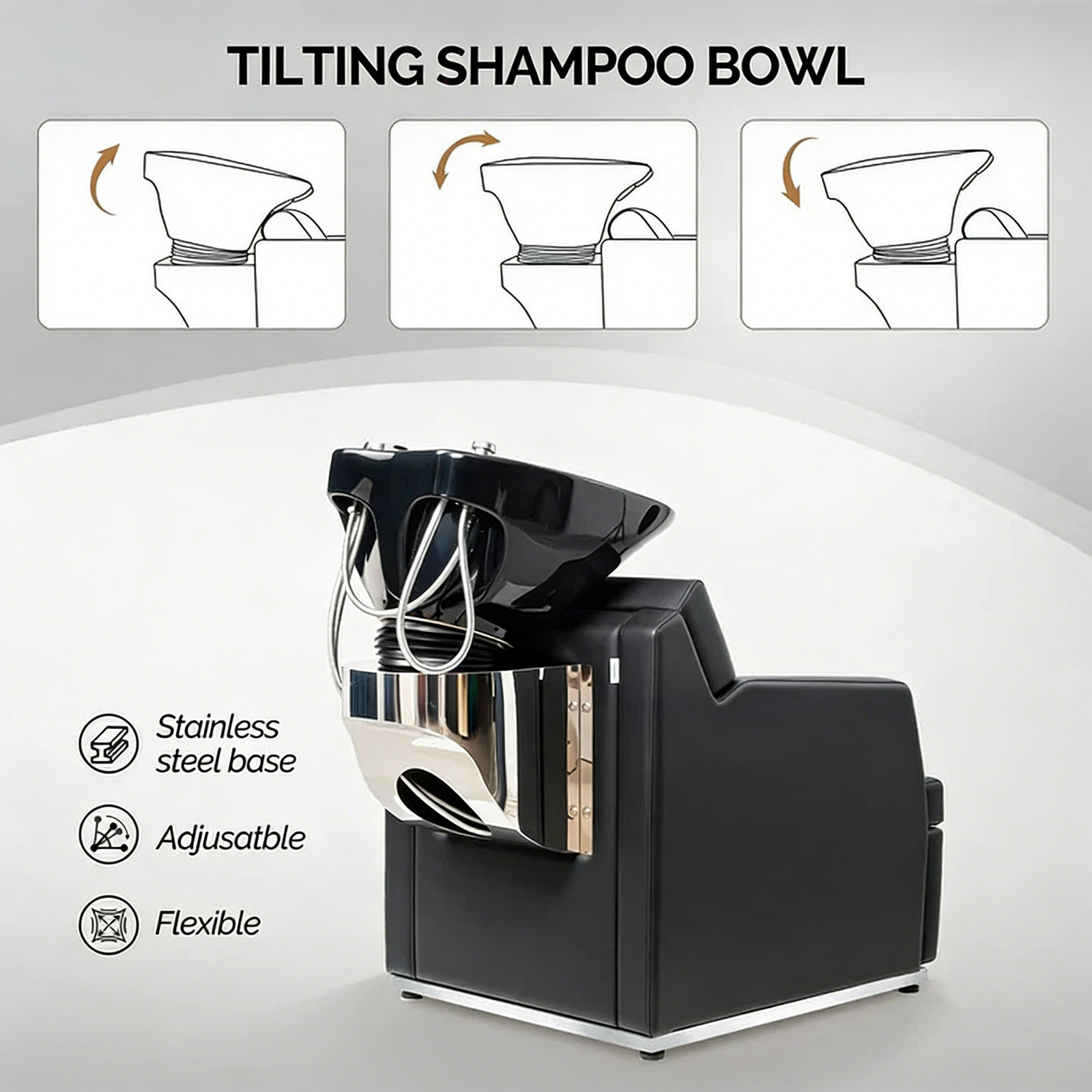 Professional Salon Shampoo Chair with Tilting Porcelain Bowl, Rubber Neck Rest