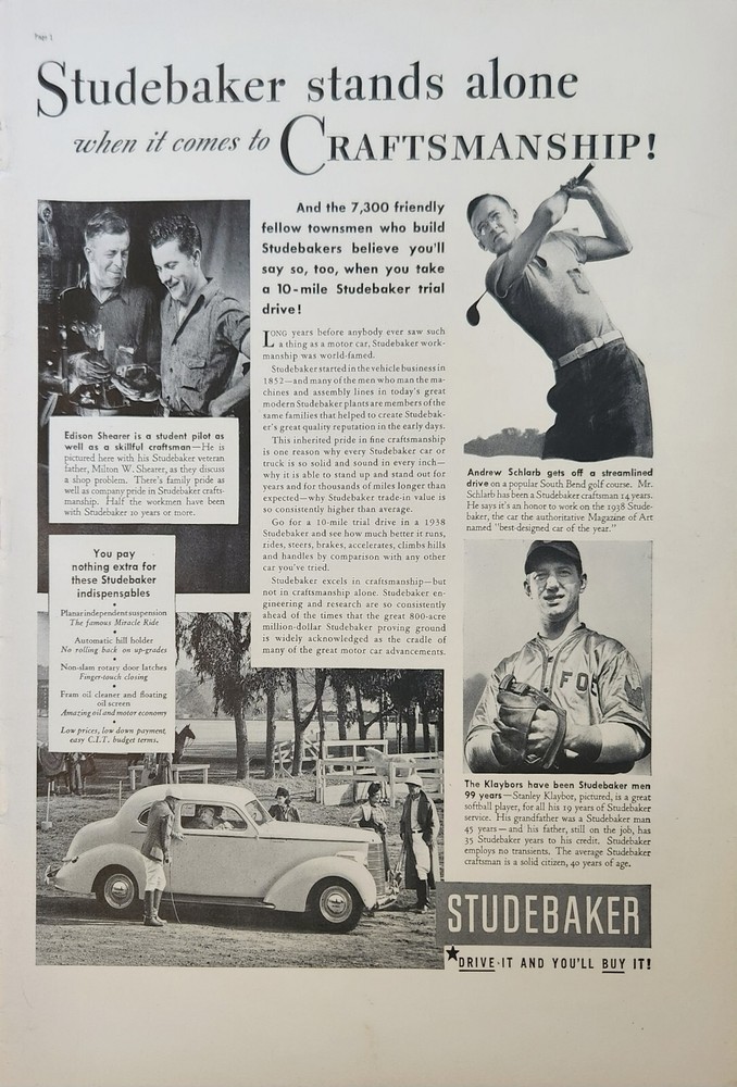 1938 Studebaker Motor Car Vintage Ad Craftsmanship