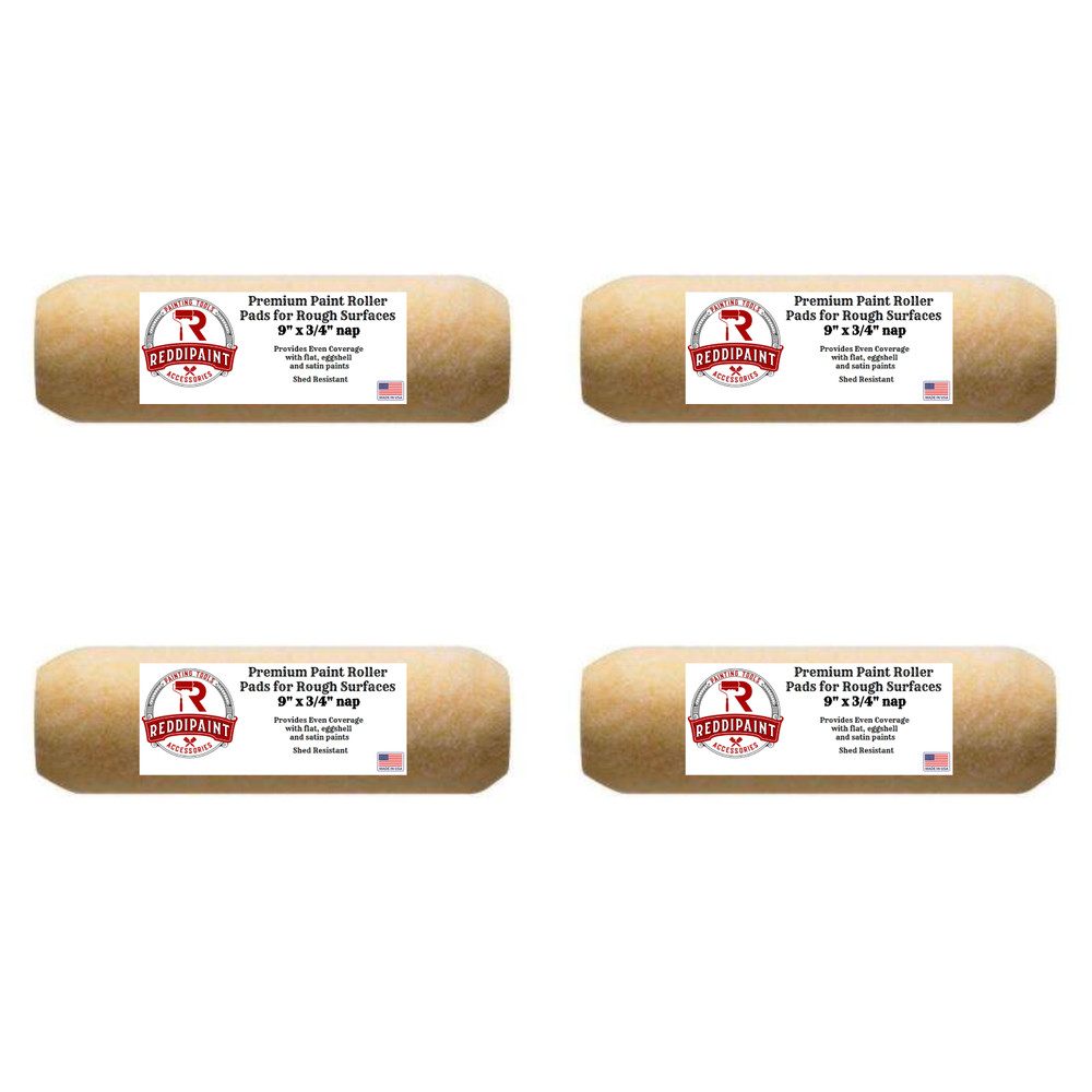 9 Inch ¾” Three Quarter Nap Paint Roller Pads Rollers by Reddipaint (4-Pack)