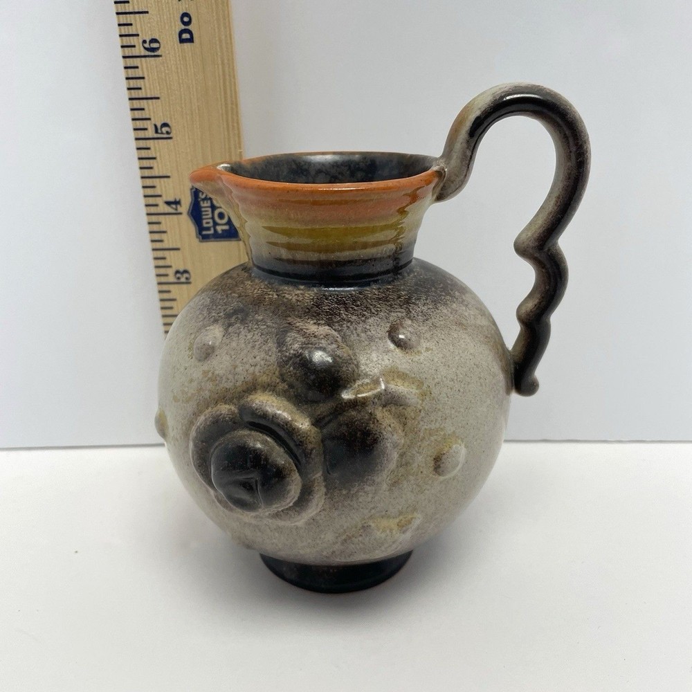Ceramic Pitcher Brown Orange Flower Handle Made In Germany Small