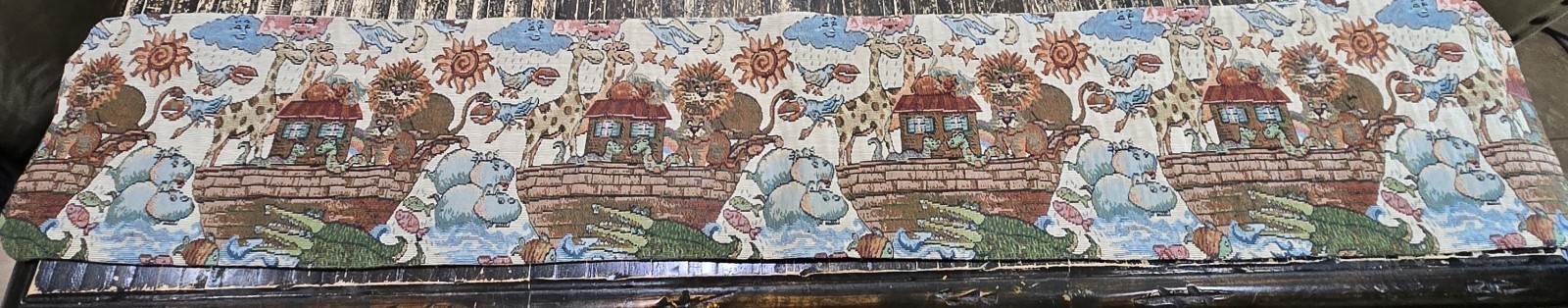 Vintage Noah's Ark Table Runner Folk Art Tapestry Country Hearts 56" x 9 3/4"