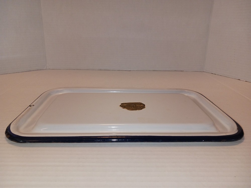 Vtg Enamelware White Rectangular Lid Blue Trim Armco Porcelain Enamel Ingot Iron