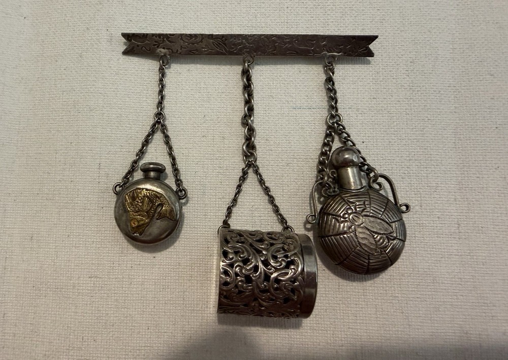 Victorian Sterling Silver Chatelaine with Vinaigrette, Bottles, Thimble