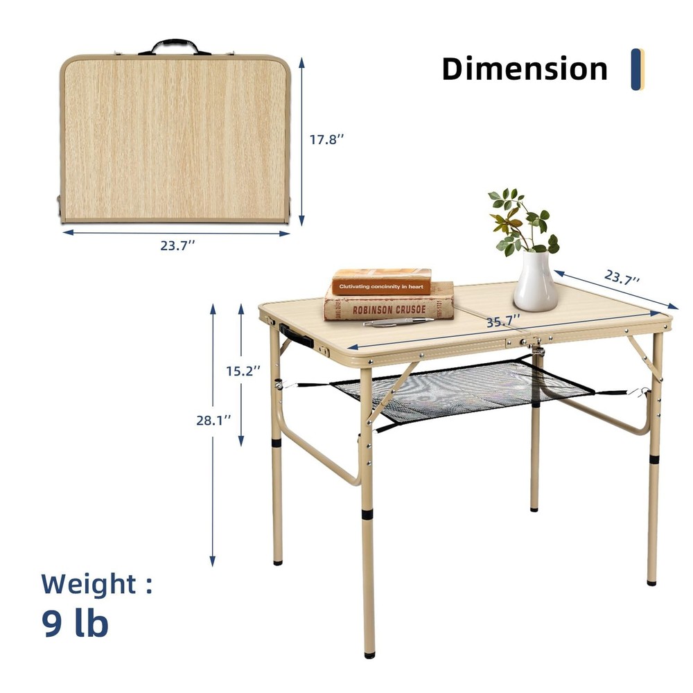 Folding Table 3FT Camping Table 2 Adjustable Height Lightweight Portable Alum...