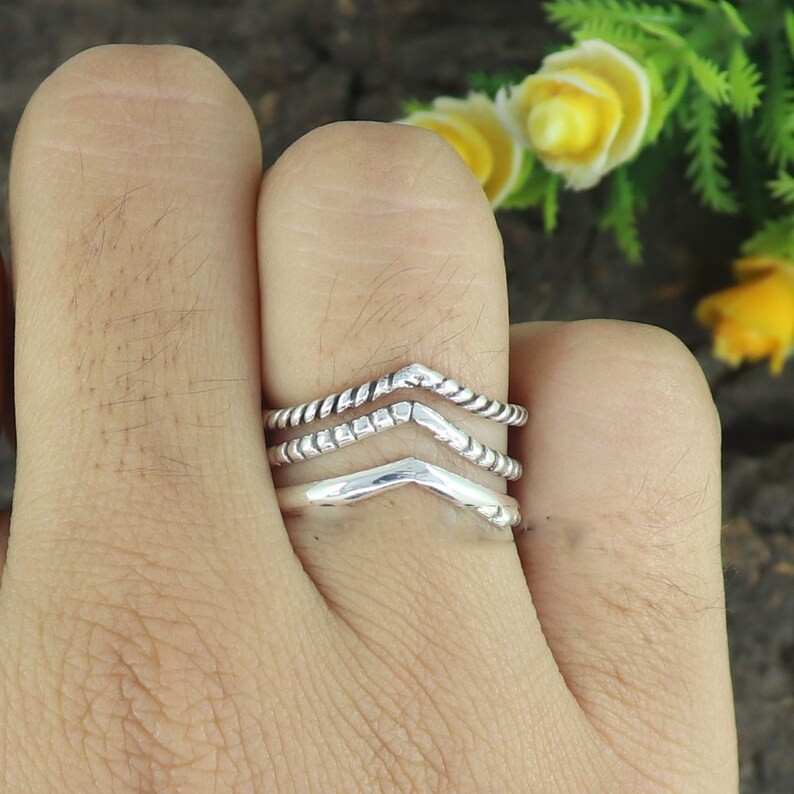 Solid 925Sterling Silver Chevron V Shape Mixed Texture Triple Band Handmade Ring