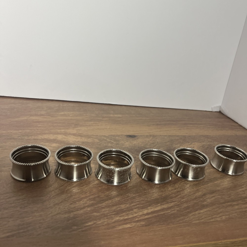 6 Silver Tone Beaded Edged Napkin Rings