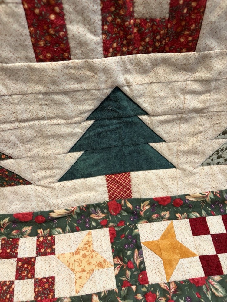 Handmade Christmas Patchwork Quilt Large Wall Hanging Throw 51"x 72" Primitive