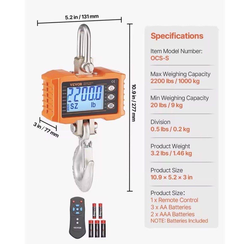 TOUGH TOOLS - Hanging Scale 2200lb Remote Control Backlit Display Auto-Off