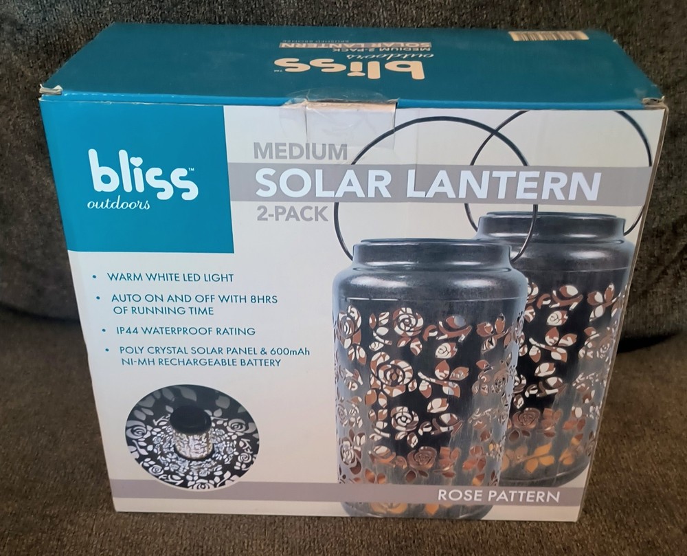 Bliss Outdoors Pack 9" Medium Solar Lantern Set Gold Rose Pattern LED Waterproof