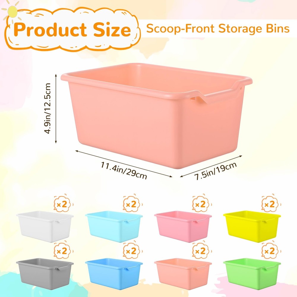 16 Pcs Plastic Book Bins, Scoop Front Cubby Storage Bins, 8 Color Stackable O...