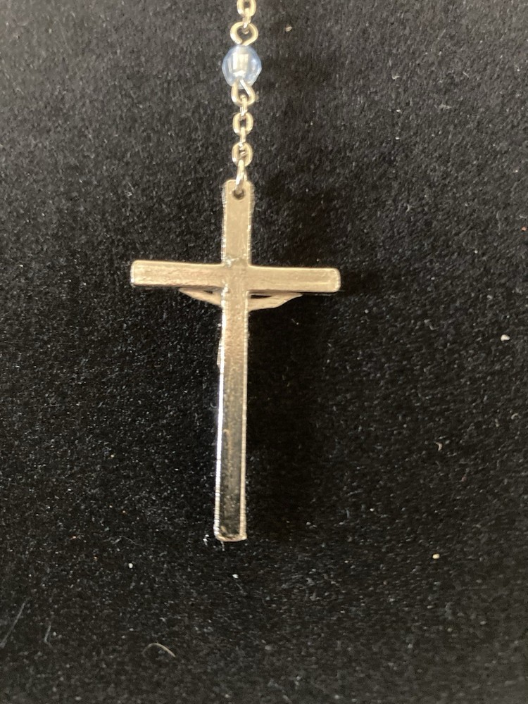 Rosary: Light Blue Beads w Silver Tone Chain 18"