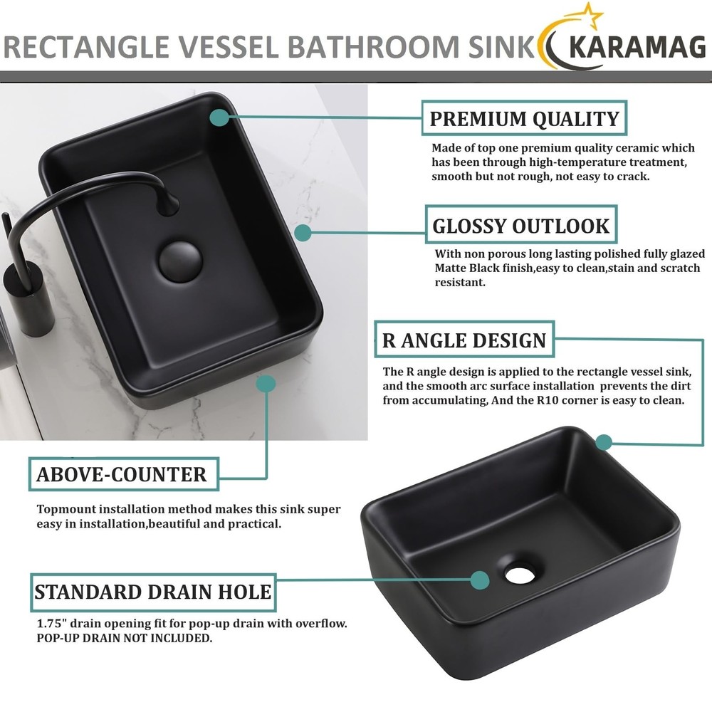 KARAMAG Black Vessel Sink Rectangle 16"x12" Bathroom Sink Rectangular Modern Abo