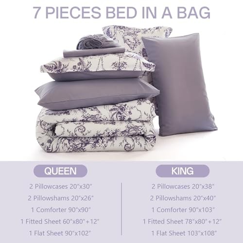 King Size Comforter Set 7 Pieces, Botanical Floral Bed King (90"x 104") Purple