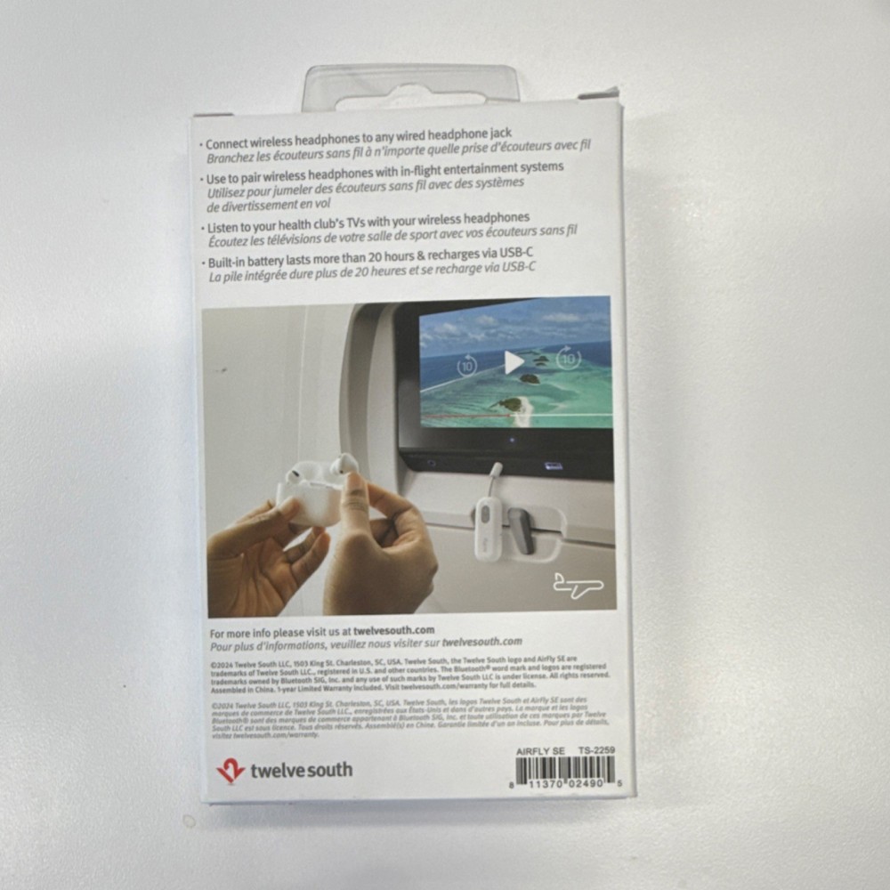 Twelve South AirFly SE Bluetooth Wireless Transmitter White TS-2259 3.5mm Jack