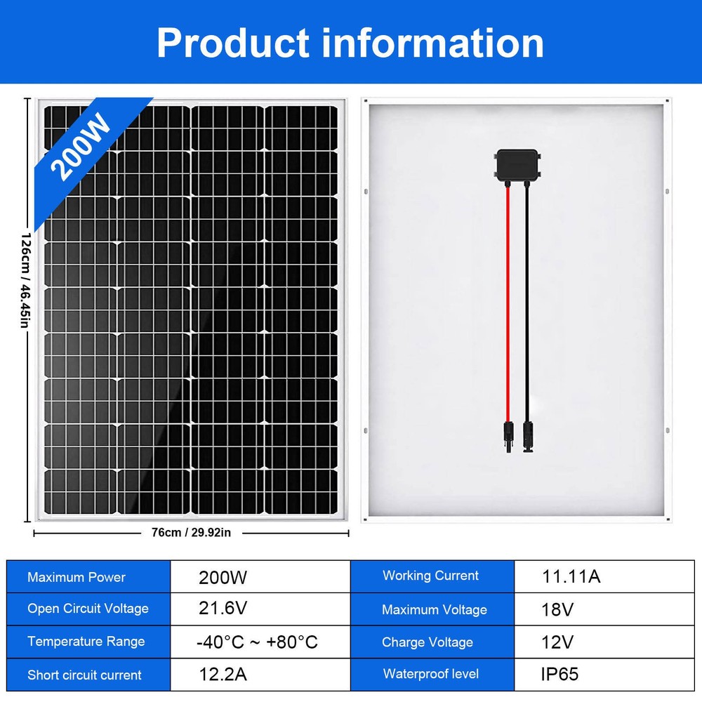 200W 12V Solar Panel High Efficiency Moncrystalline Module RV Off Grid System