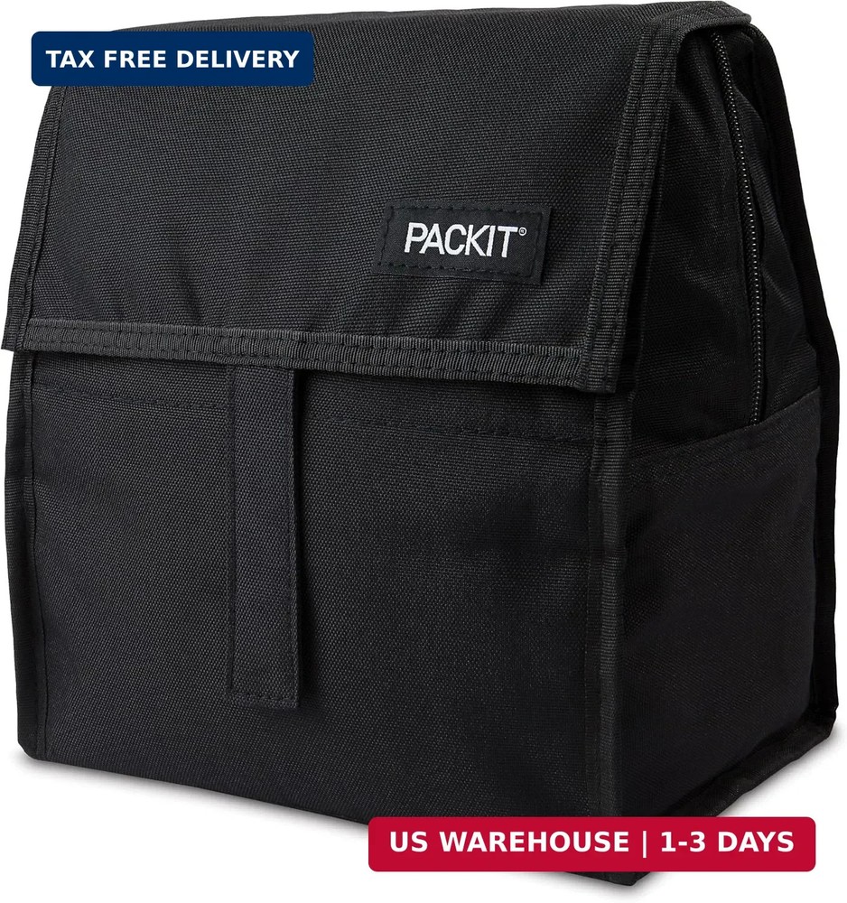 PackIt Freezable Lunch Bag, Black, Built with EcoFreeze Technology, Foldable, Re