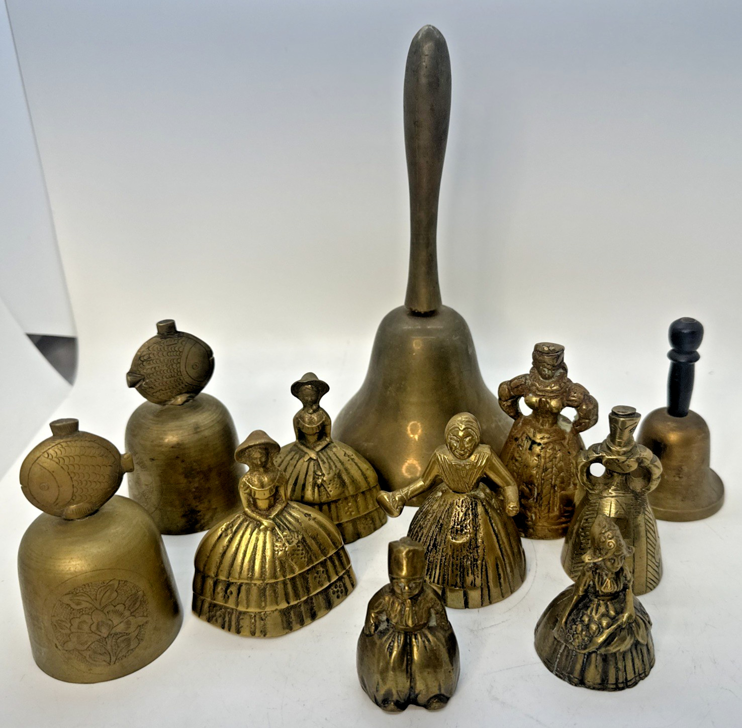 Lot of 11 Vintage Antique Hand Bell Mixed Estate Etched Fish Brass Lady Woman