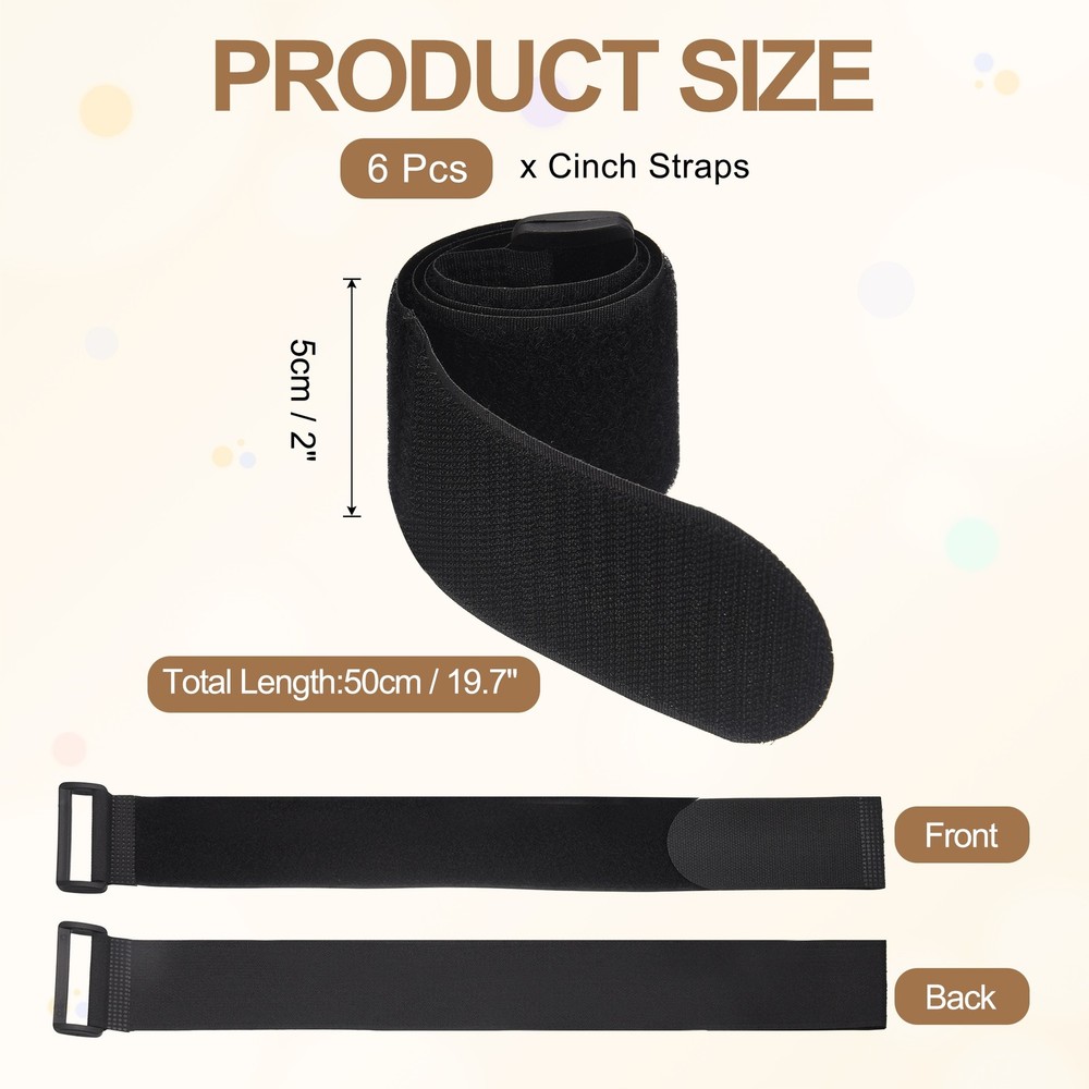 6pcs Reusable Cinch Straps 2"x19.7" Hook and Loop Cable Securing Straps, Black