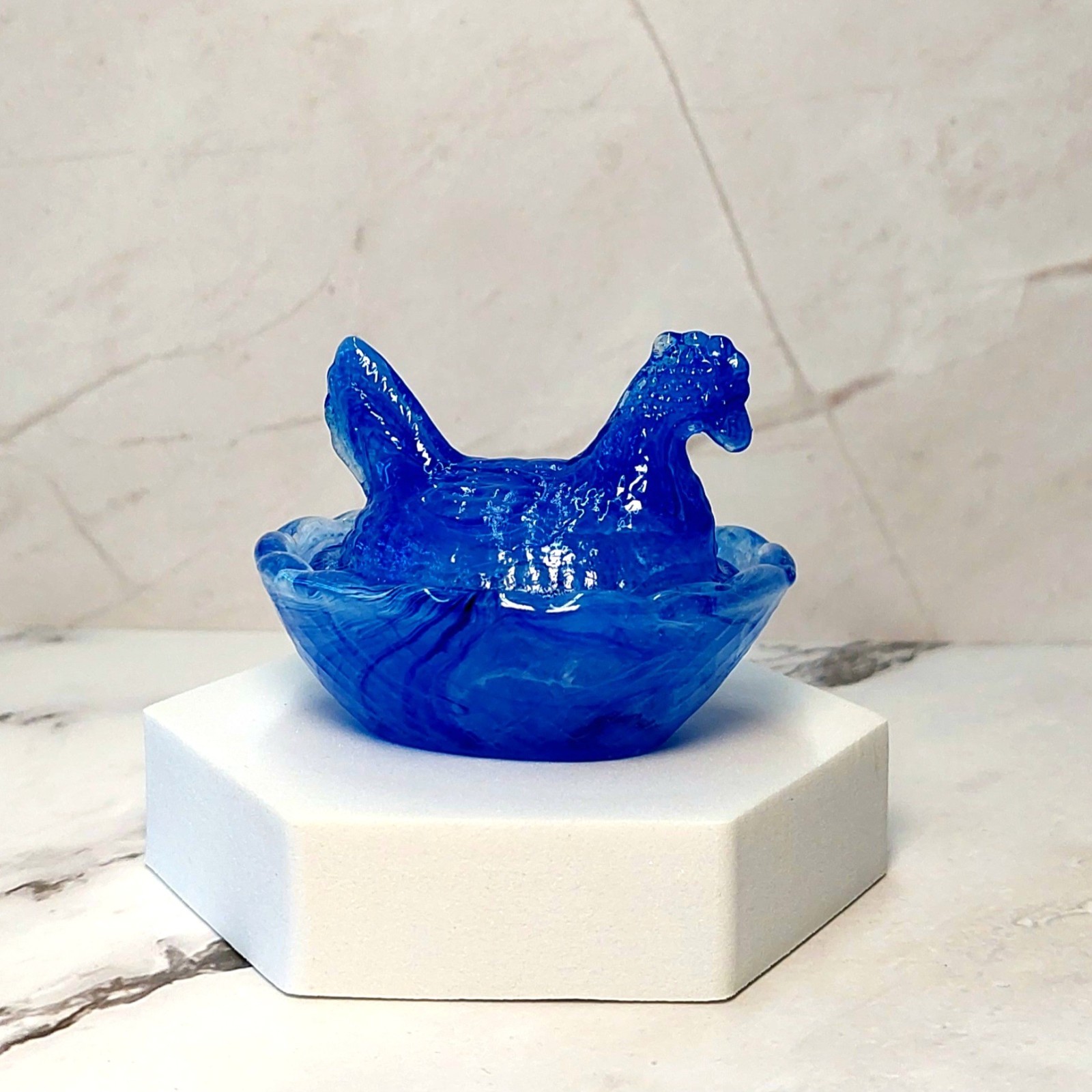 Blue Cream Swirl Hen on Nest Chicken Salt Dish, Depression Style Glass, Kitchen