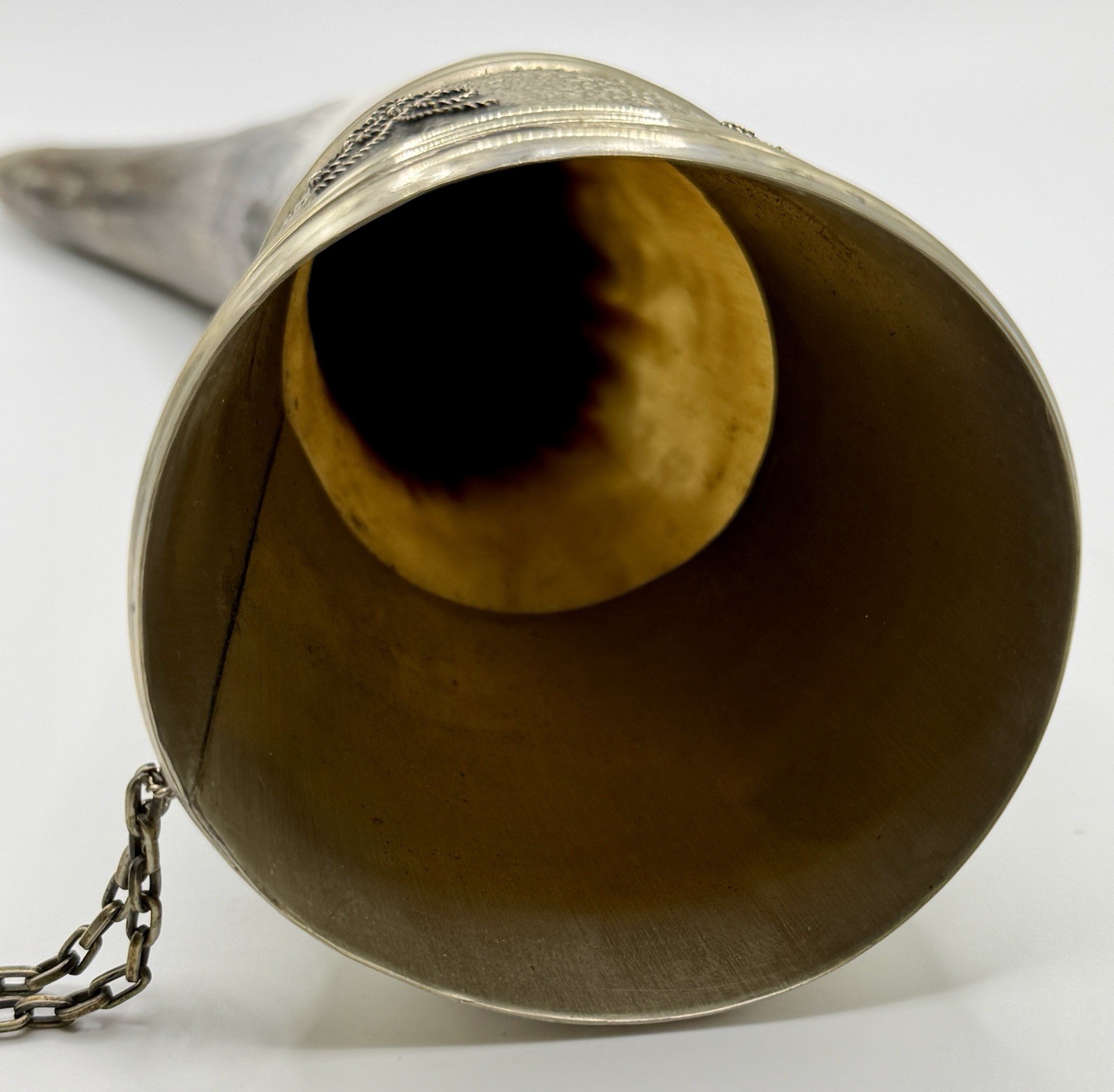 Vintage Ornate Drinking Horn with Chain Used Barware Cup