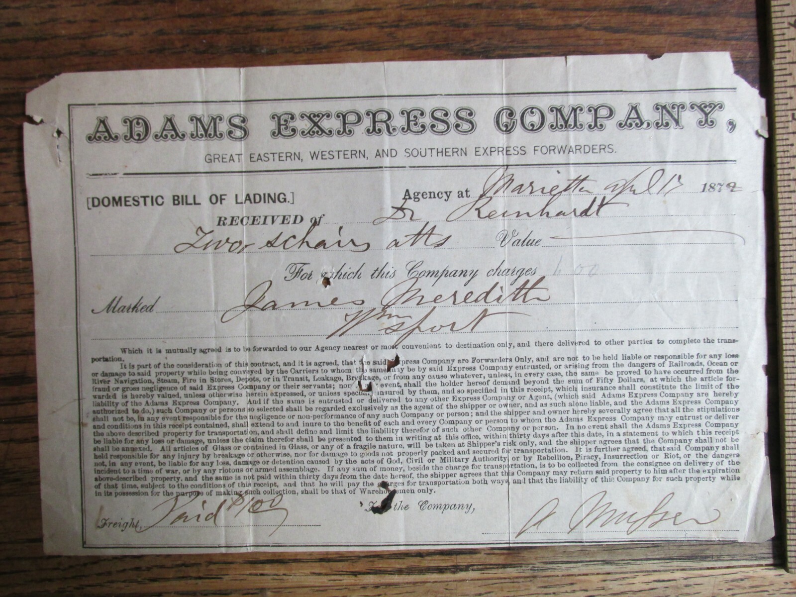 Antique Ephemera 1879 Adams Express Company Freight Lading Bill Document